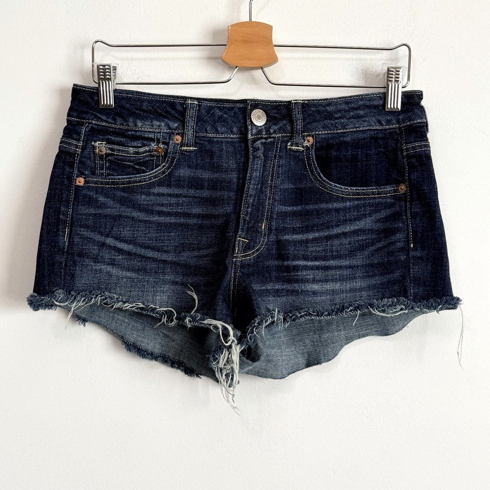 American Eagle Micro Jeans Shorts 10 Whiskered Dark Wash Raw Hem Festival Summer